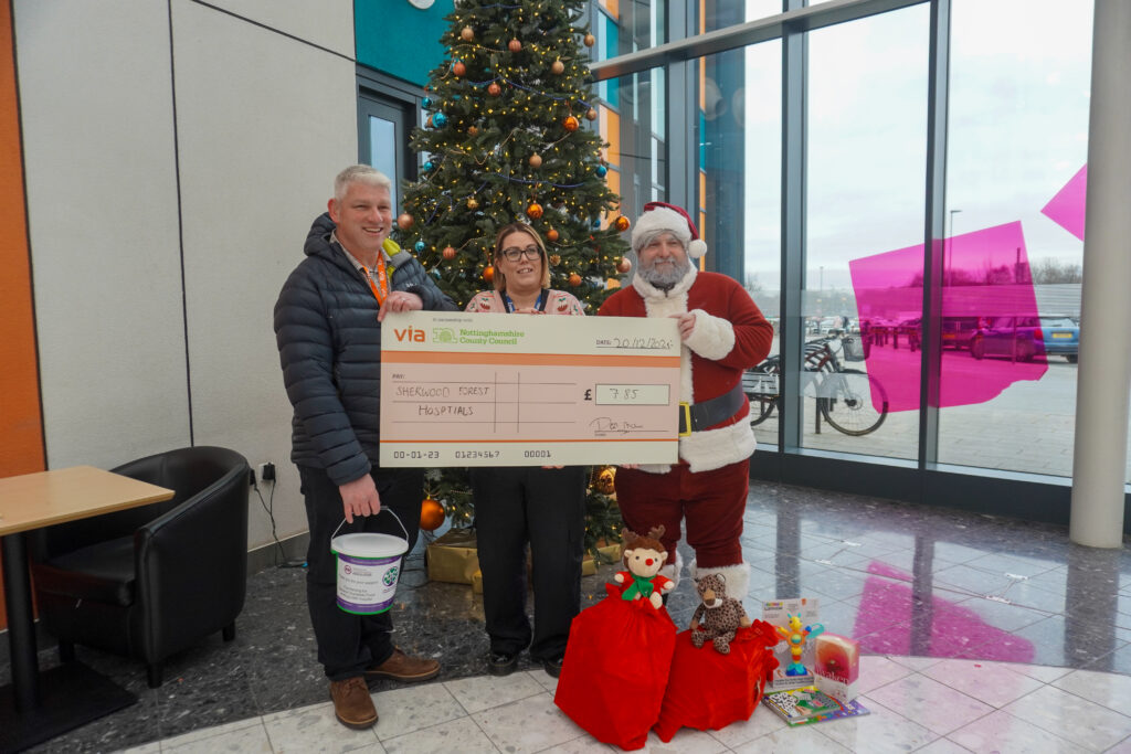 Via present a cheque and gifts to Sherwood Forest Hospitals Trust Charity